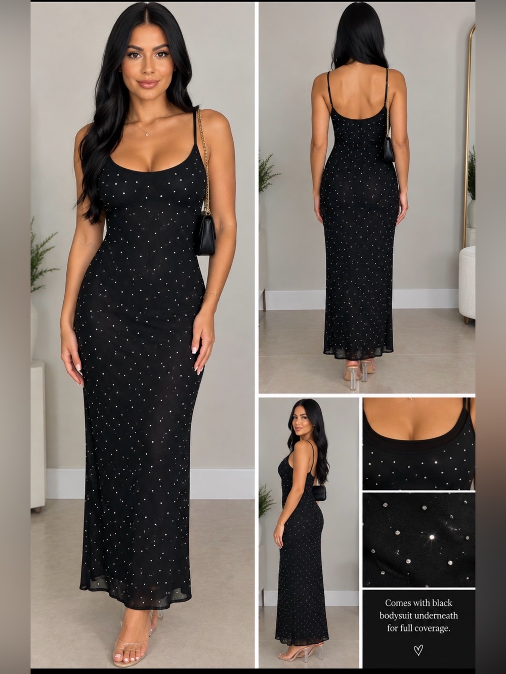 Windsor Black Maxi Slip Dress with Rhinestone Accents